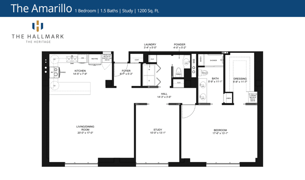 Floor plan of "The Amarillo," featuring 1 bedroom, 1.5 baths, a study, kitchen, laundry room, and living/dining area in 1200 sq. ft.