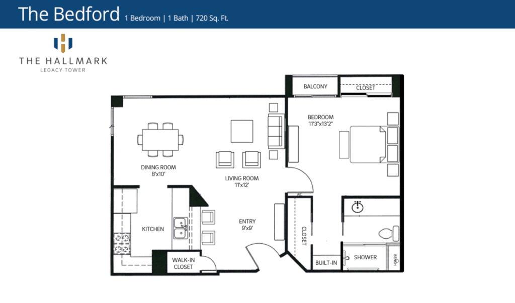 Floor plan for a 720 sq. ft. apartment, featuring one bedroom, one bath, living room, dining room, kitchen, balcony, and walk-in closet.