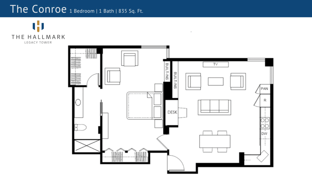 Floor plan of "The Conroe" featuring one bedroom, one bathroom, kitchen, dining, and living areas. Total area is 835 square feet.