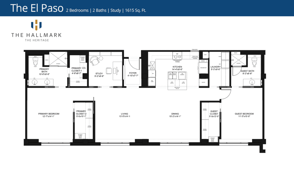 Floor plan of "The El Paso" featuring 2 bedrooms, 2 baths, and a study across 1,615 sq. ft. at The Hallmark.