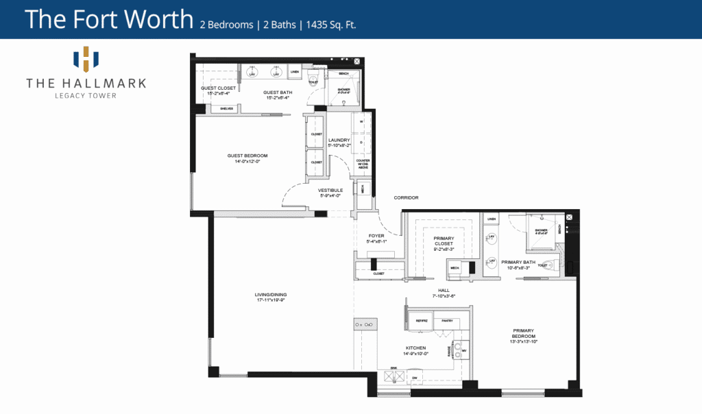 Floor plan of a two-bedroom, two-bathroom apartment at The Hallmark Legacy Tower. Includes kitchen, living area, and laundry room, covering 1,435 sq. ft.