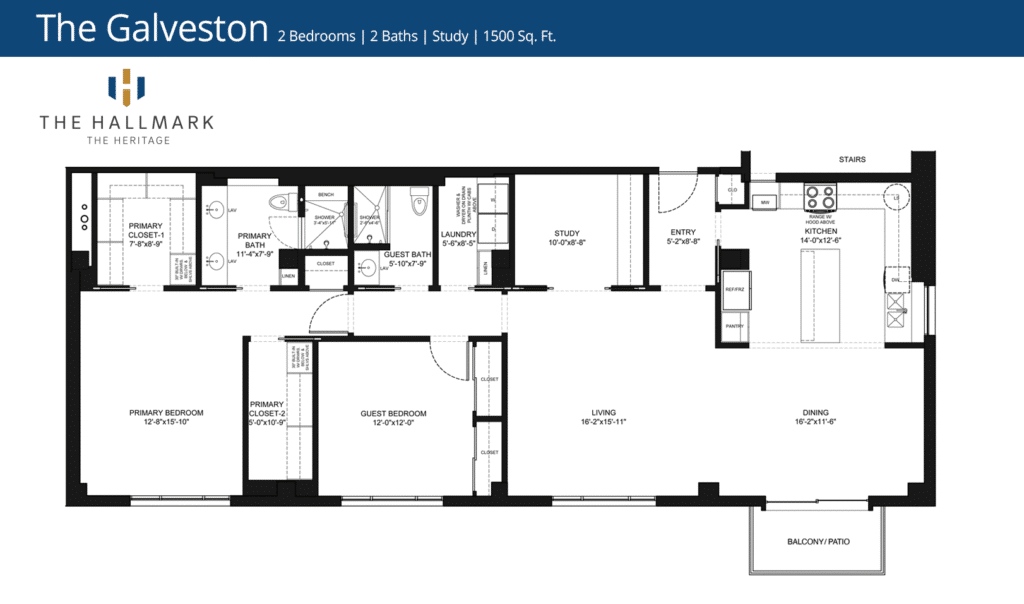 Floor plan of The Galveston apartment, featuring 2 bedrooms, 2 baths, study, and balcony. Total area is 1500 square feet.