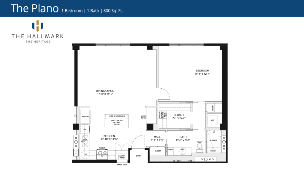 Floor plan of a one-bedroom, one-bath apartment, 800 sq. ft., featuring a dining/living area, kitchen, closet, and bath. Labeled "The Hallmark."