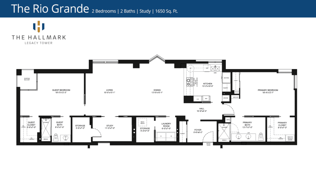 Floor plan labeled "The Rio Grande" for The Hallmark Legacy Tower, features 2 bedrooms, 2 baths, study, and measures 1650 sq. ft.