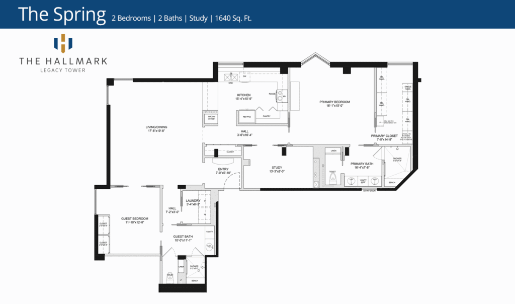 Floor plan titled "The Spring" with 2 bedrooms, 2 baths, study, and spacious living areas. Total area is 1640 square feet.